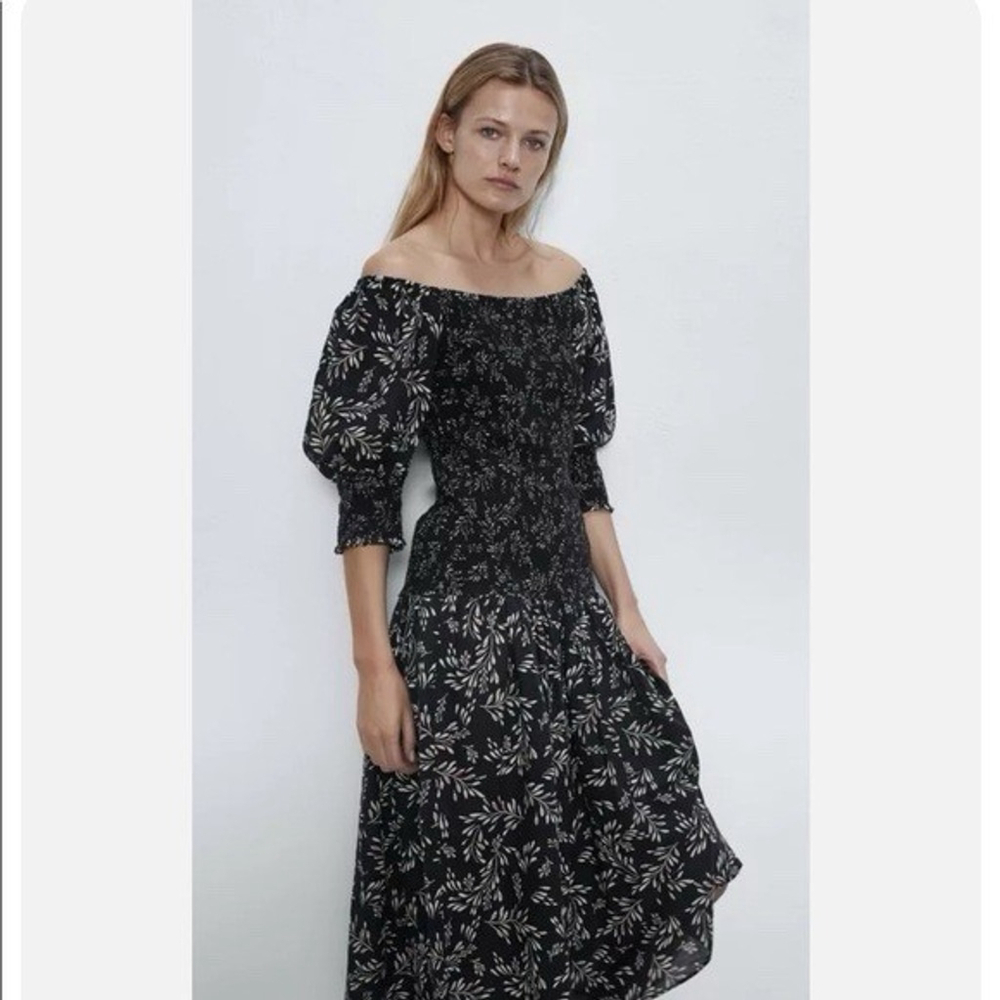 ZARA Terry Floral Puffy Sleeve Linen Midi Dress M Square Neck Cottage Lagenlook